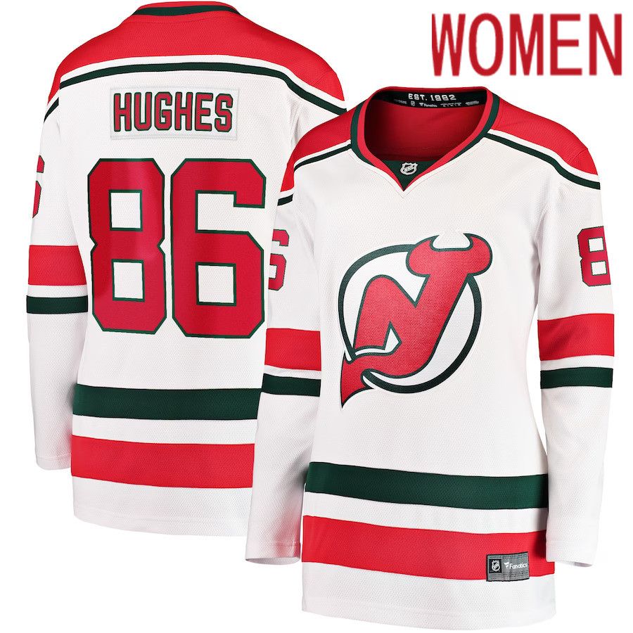 Women New Jersey Devils #86 Jack Hughes Fanatics Branded White 2022-23 Heritage Premier Breakaway NHL Jersey
